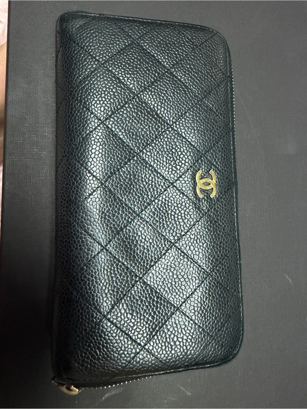 CHANEL Black Quilted Caviar Zip-Around Wallet with Gold CC